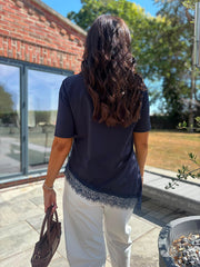 Navy Asymmetric Lace Hem Top Wendy