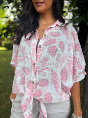 Pink Leaf Print Tie Front Blouse Brielle