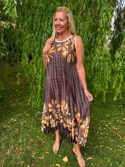 Chocolate Pleated Floral Stripe Dress Leona