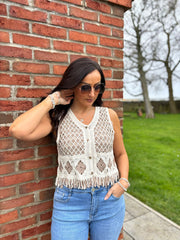 Mocha Crochet Fringe Waistcoat Jan