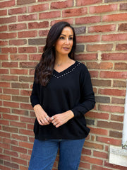 Black Diamante V Neck Knit Tori