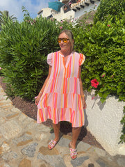 Lipstick Bubble Cotton Striped Dress Crystal
