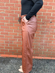 Tan Wide Leg Seam Front Pleather Trousers