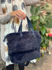 Navy Fluffy & Faux Leather Tote Bag