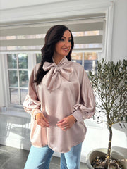 Champagne Satin Style Pussy Bow Blouse Tina
