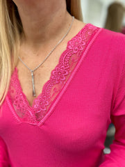 Lipstick Ribbed Long Sleeve Lace V Neck Erin