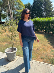 Navy Asymmetric Lace Trim Top Maria