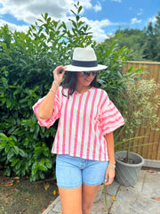 Neon Pink Puff Sleeve Striped Top Erin
