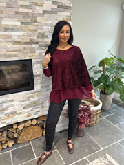 Wine Velour Sequin Panel Top Aurora