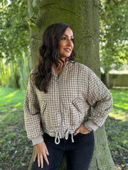 Stone Quilted Check Zip Bomber Jacket