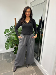 Grey Herringbone Wide Leg Trousers