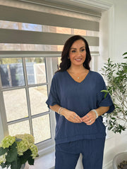 Navy Textured V Neck Top Kaylee