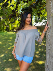 Mocha Bubble Cotton Lace Trim Top Adele