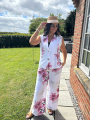 White Flower Print Trouser Set Claudette