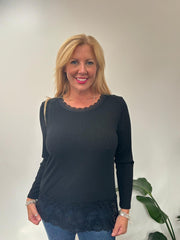 Black Ribbed Lace Trim Top Madeline