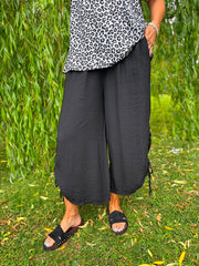 Black Ruched Drawstring Wide Leg Trousers