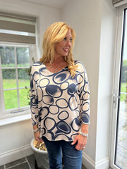 Navy Circle Print V Neck Top Amy