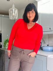 Red Ribbed Long Sleeve Lace V Neck Erin