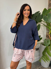 Navy Bubble Cotton Pocket Blouse Carol