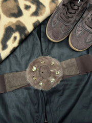 Chocolate Faux Fur Gem Buckle Belt