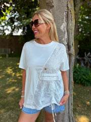 White Drawstring Embroidered Panel Tee Avani