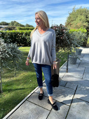 Grey Diamante V Neck Knit Tori