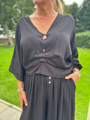 Black Ruched Pebble Button Top Kate