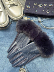 Navy Faux Fur Trim Gloves