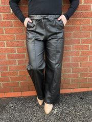 Black Wide Leg Seam Front Pleather Trousers
