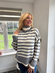 Grey Striped Roll Neck Knit Evie
