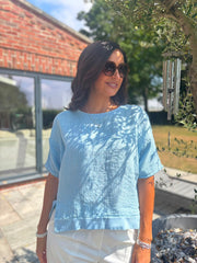 Blue Striped Textured Linen Top Anais