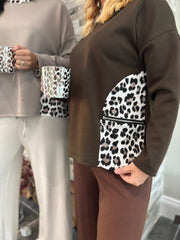 Chocolate Leopard Trim Sweat Top Kathy