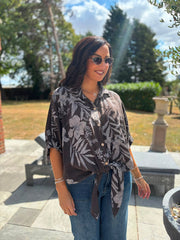 Chocolate Botanical Tie Front Blouse Brielle