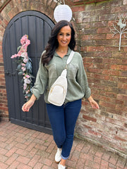 Khaki Sequin Pocket Bubble Cotton Shirt Helen