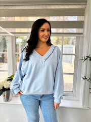 Light Blue Slogan V Neck Sweatshirt Dakota