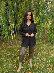 Black Gathered V Neck Top Elsie