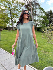 Khaki Frill Sleeve Bubble Cotton Dress Mae
