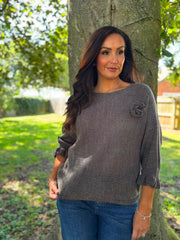 Charcoal Applique Ruffle Sleeve Knit Crystal