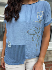 Denim Asymmetric Panel Flower Top Adele