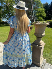 Blue Tile Print Ruffle Dress Natalia