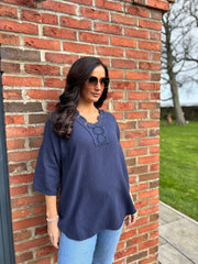 Navy Boho Daisy Bubble Cotton Top Skye