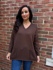 Chocolate Fringed Pocket Knit Ruth