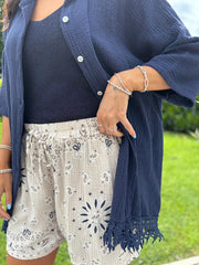 Navy Bubble Cotton Crochet Hem Blouse Jo