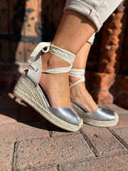 Silver Lace Up Espadrille Wedge