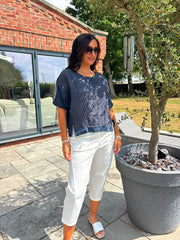 Navy Striped Textured Linen Top Anais