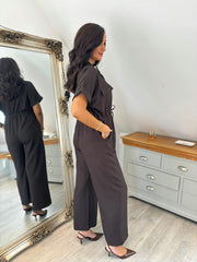 Chocolate Wide Leg Collared Jumpsuit Carrie