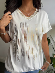 White Metallic Shimmer V Neck Tee Janine