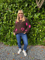 Chocolate & Pink Heart Knit Cardigan Denise