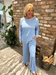 Blue Textured Rib Drawstring Trousers Mia