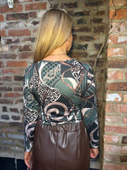 Khaki Mixed Print Twist Front Top Bronte